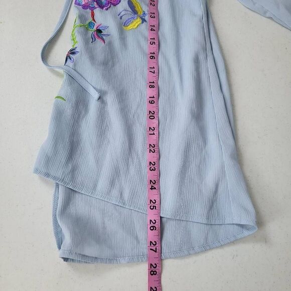 Signature Collection Womens Small Top Blue Embroidered Tie Neck 3/4 Sleeves Boho - Picture 7 of 7